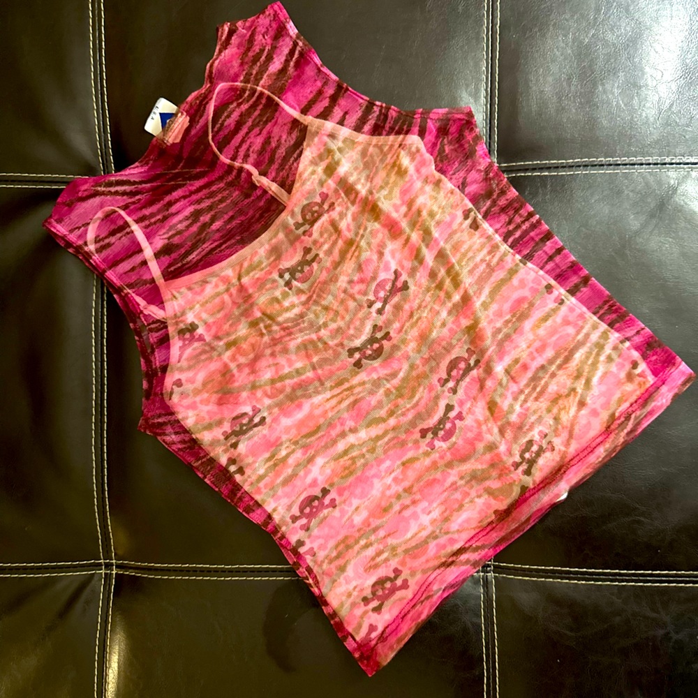 Y2K Pink Spaghetti strap BabySkull & Mesh Zebra 2-PieceTop